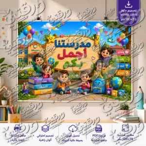 لوحة مدرستنا أجمل بكم – تصميم جاهز للطباعة