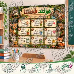 لوحة قواعد الفصل – أبطال الغابة | تصميم جاهز للطباعة