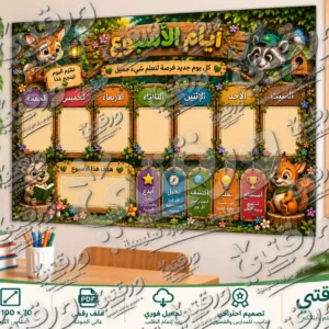 لوحة أيام الأسبوع – أبطال الغابة | تصميم جاهز للطباعة