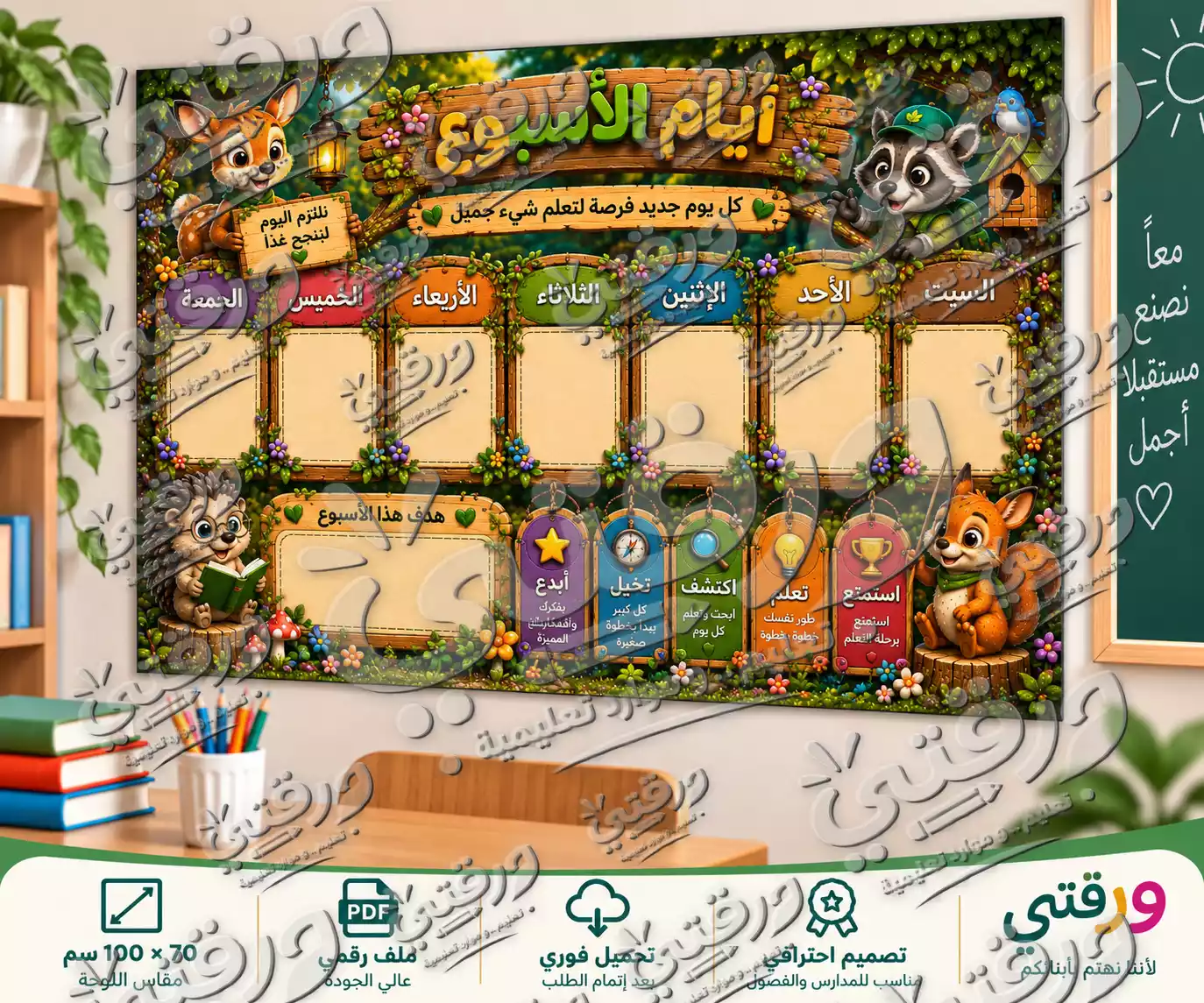 لوحة أيام الأسبوع – أبطال الغابة | تصميم جاهز للطباعة
