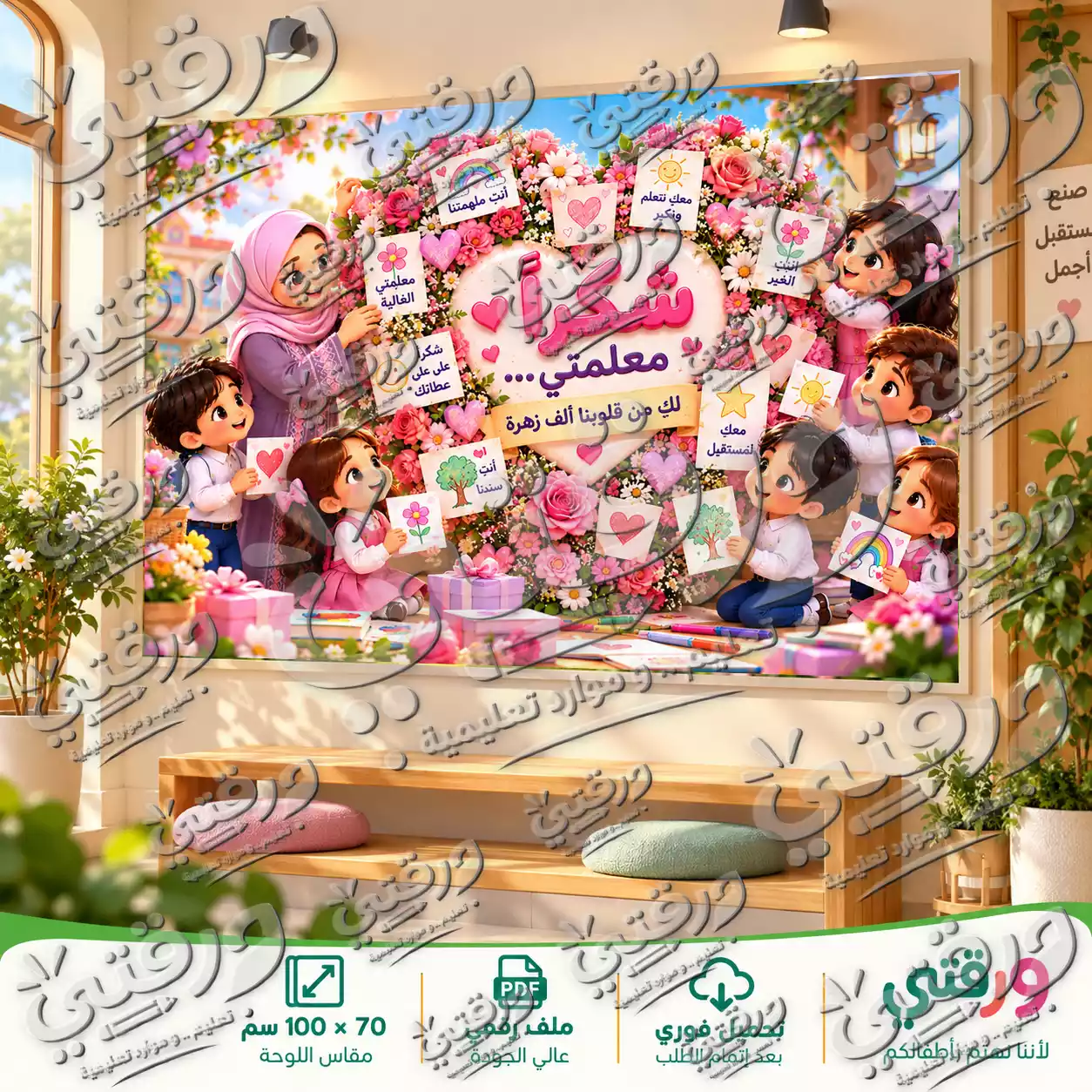 لوحة معلمتي لك من قلوبنا ألف زهرة